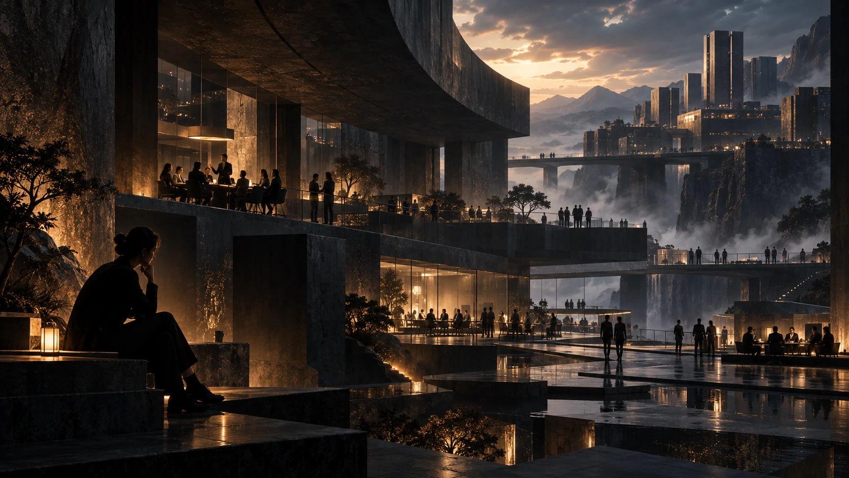 An individual in the foreground, groups in conversation and monumental inhabited structures share one open landscape.